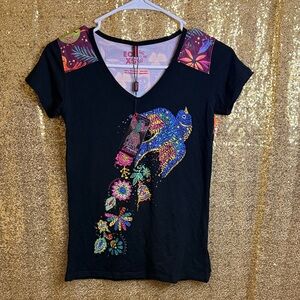 V-Neck Black Top with Colorful Bird Design